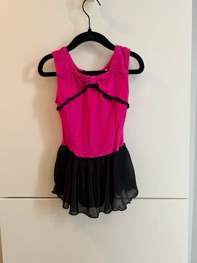Freestyle Hot Pink and Black Dance Leotard with Bow and Skirt
